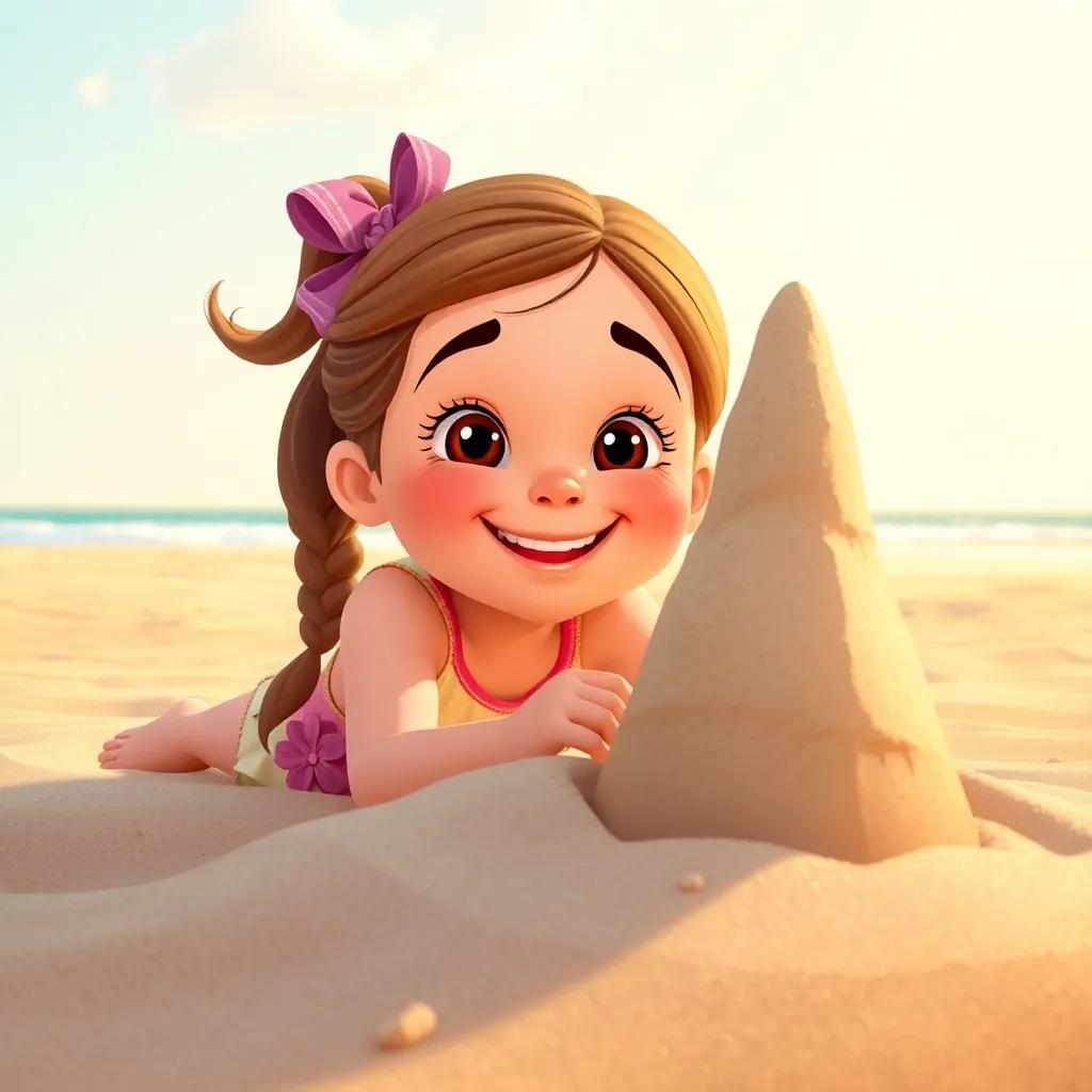 A happy 8-year-old girl, Sara, with light brown hair and a wheatish complexion, building a sandcastle at the beach in Dammam, her feet in the warm sand, vibrant colors, sunny sky, realistic, cheerful scene, child-friendly