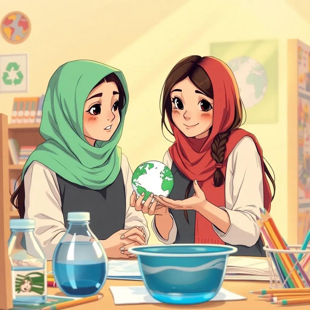 Sarah and Mariam, two Arab girls, with dark hair wearing school uniforms, brainstorming about recycling and water conservation, surrounded by school art materials, warm light, engaging and imaginative setting, illustration, heroism in friendship, high quality
