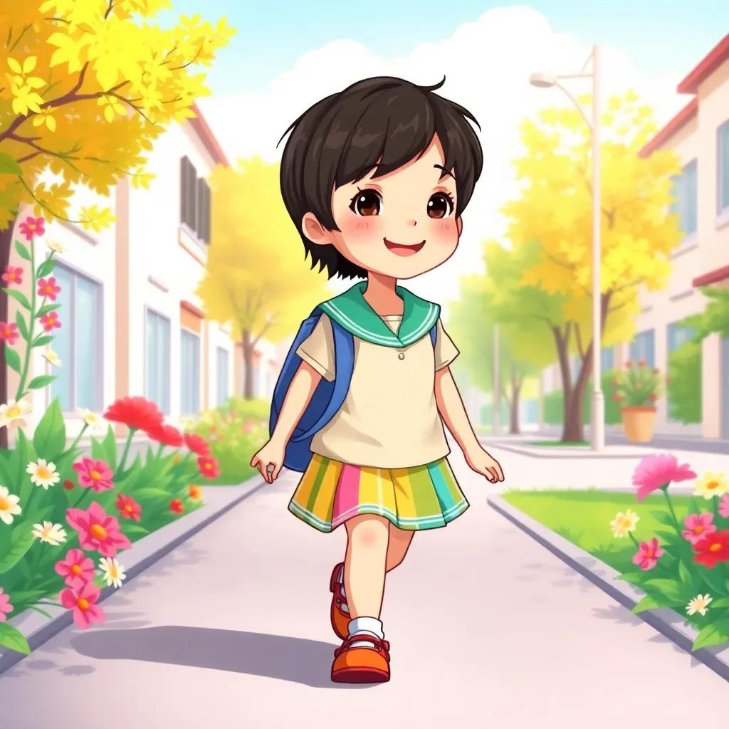 A little girl, Sara, with short black hair, wearing a colorful school uniform, walking happily on a bright sunny street, surrounded by flowers and trees, cheerful scenery, digital art, vibrant colors, warm sunlight, child-friendly