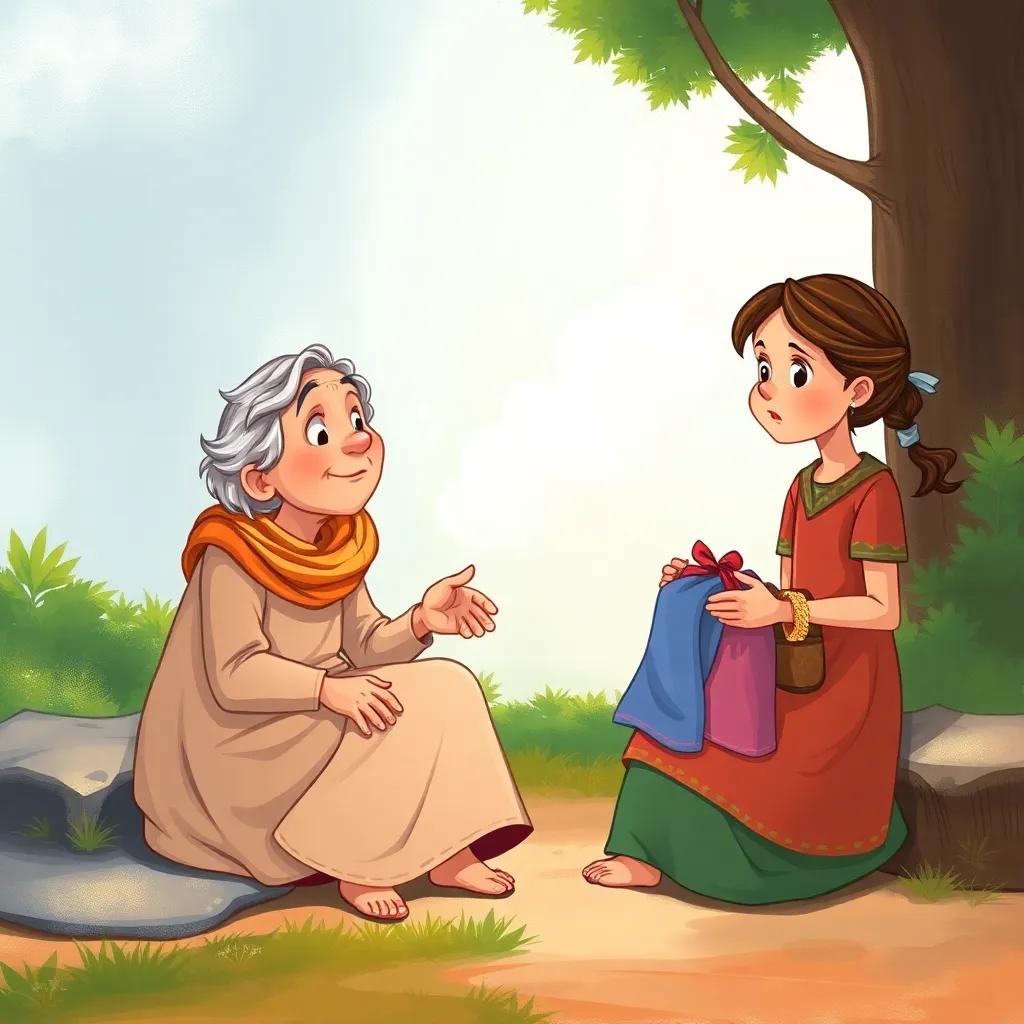 An elderly woman, with gray hair in a simple dress and scarf, sitting on the side of the road, looking surprised and touched, with the little girl Sara presenting her gifts of food and clothes, emotional atmosphere, heartwarming scene, bright colors, digital painting