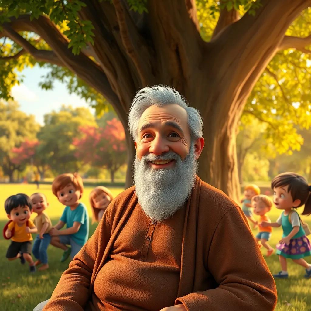 An elderly man, Sami, with a warm smile and gray beard, sitting under a large tree in a park, surrounded by children playing joyfully, sunny weather, vibrant colors, warm light, cheerful atmosphere, digital art, high quality.