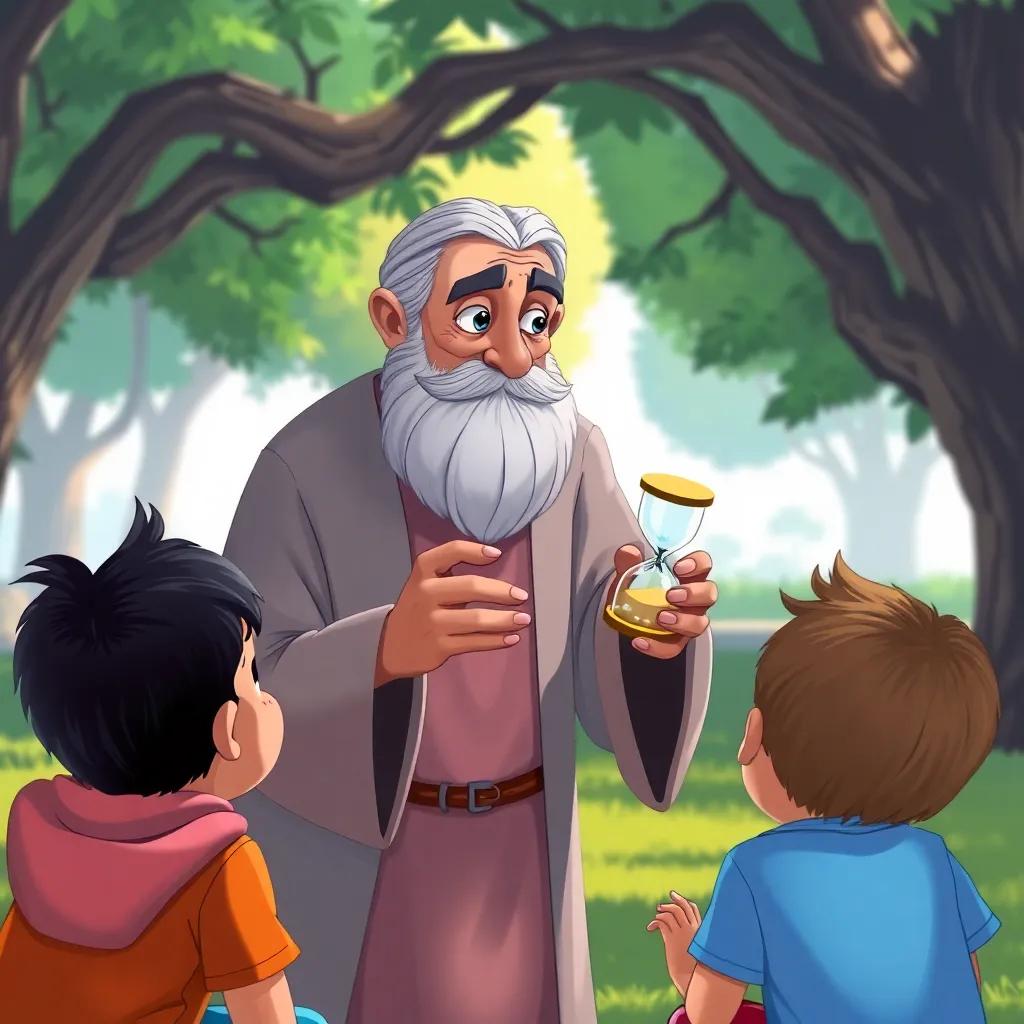 Sami, the wise old man, holding a small hourglass, speaking to engaged children in a park, focus on the hourglass with sand, detailed illustration, captivating scene, child-friendly, bright colors.