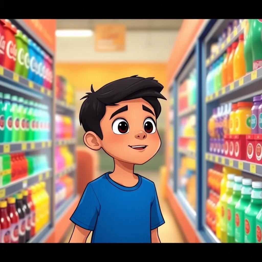 Salem, a young Arab boy with short black hair and a blue t-shirt, standing in a grocery store, looking at colorful shelves filled with drinks and sweets, amazed expression, bright lights, cheerful colors, illustration, friendly atmosphere, high quality