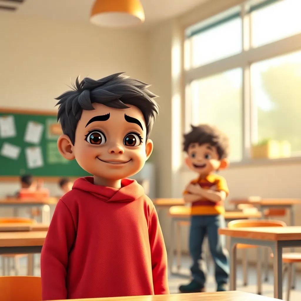 A short and chubby Arab boy, سالم, with a big smile, looking sad at school while standing in front of a tall, mean boy, كمال, who is laughing mockingly, colorful classroom, light shining through windows, cheerful atmosphere, digital art, warm colors, engaging scene
