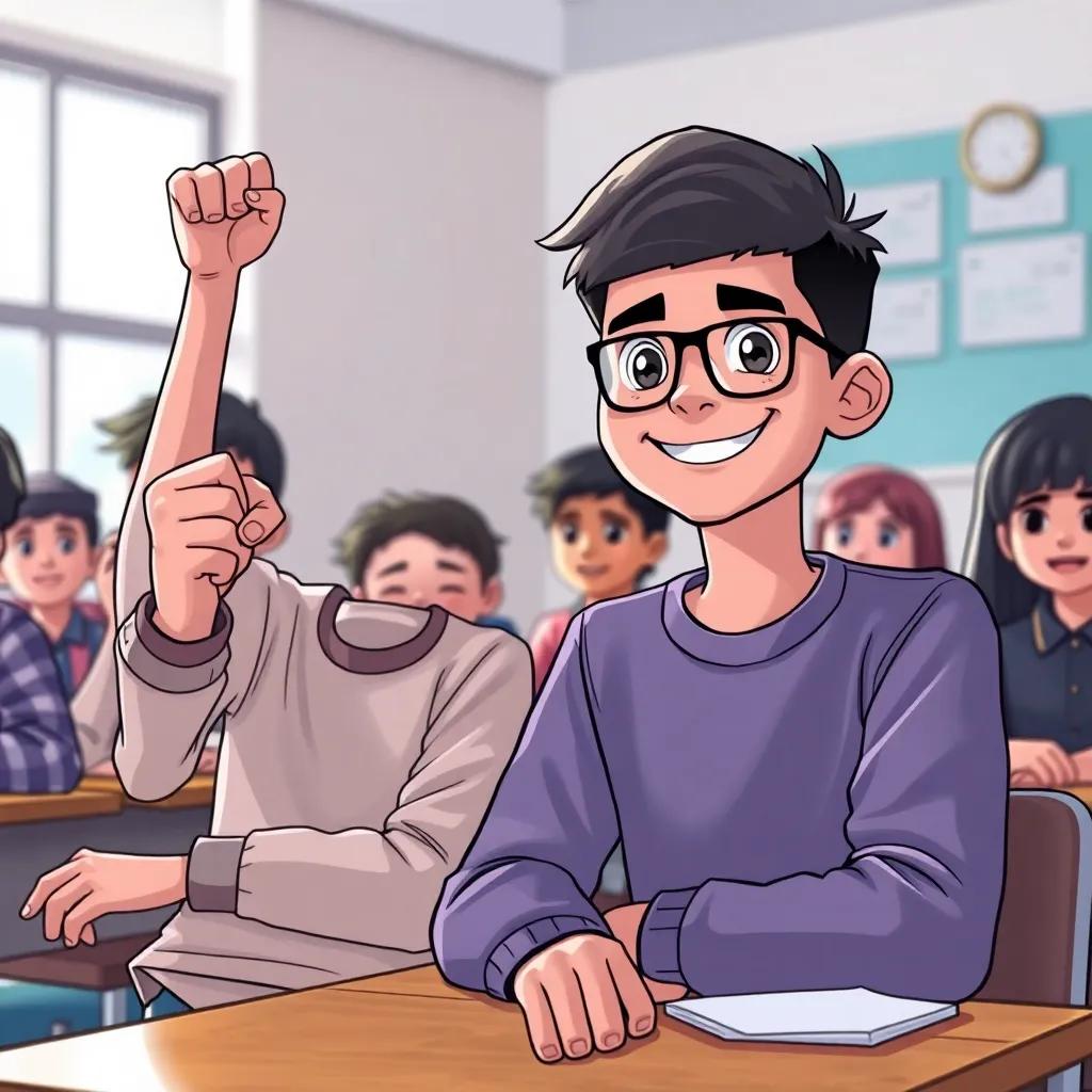 A loyal friend, أحمد, a young Arab boy with short hair and glasses, sitting next to سالم with a supportive smile, encouraging him with a fist in the air, surrounded by supportive classmates in a classroom, illustration, vibrant colors, friendly ambiance