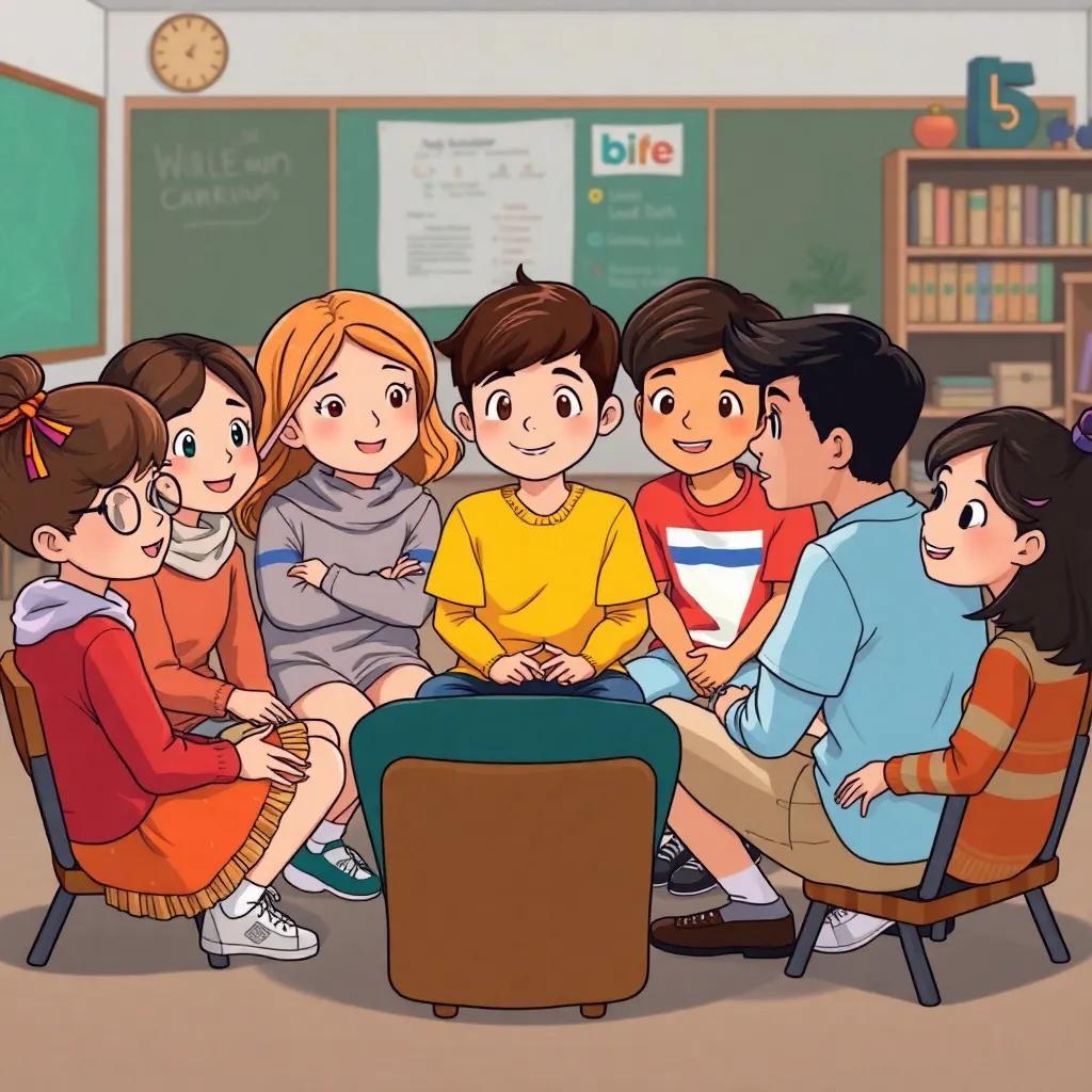 Sitting in a circle, the friends of سالم while planning to stand up to كمال, to show their support, with illustrated expressions of courage and unity, cartoon style, colorful details, cozy classroom scene