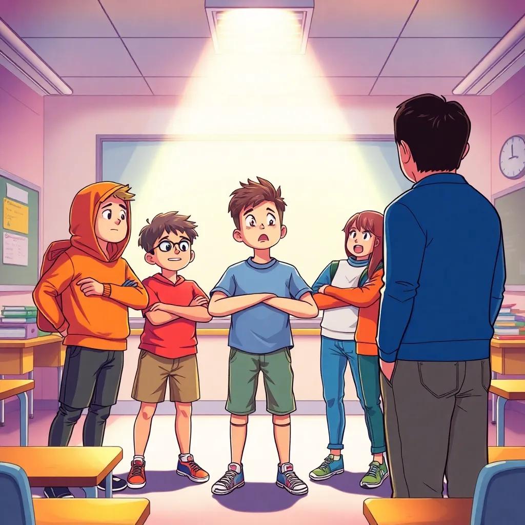 A brave moment, سالم and his friends standing together confidently before كمال, who looks shocked and surprised with their united front, vivid lighting in the classroom, illustration, lively colors, action scene