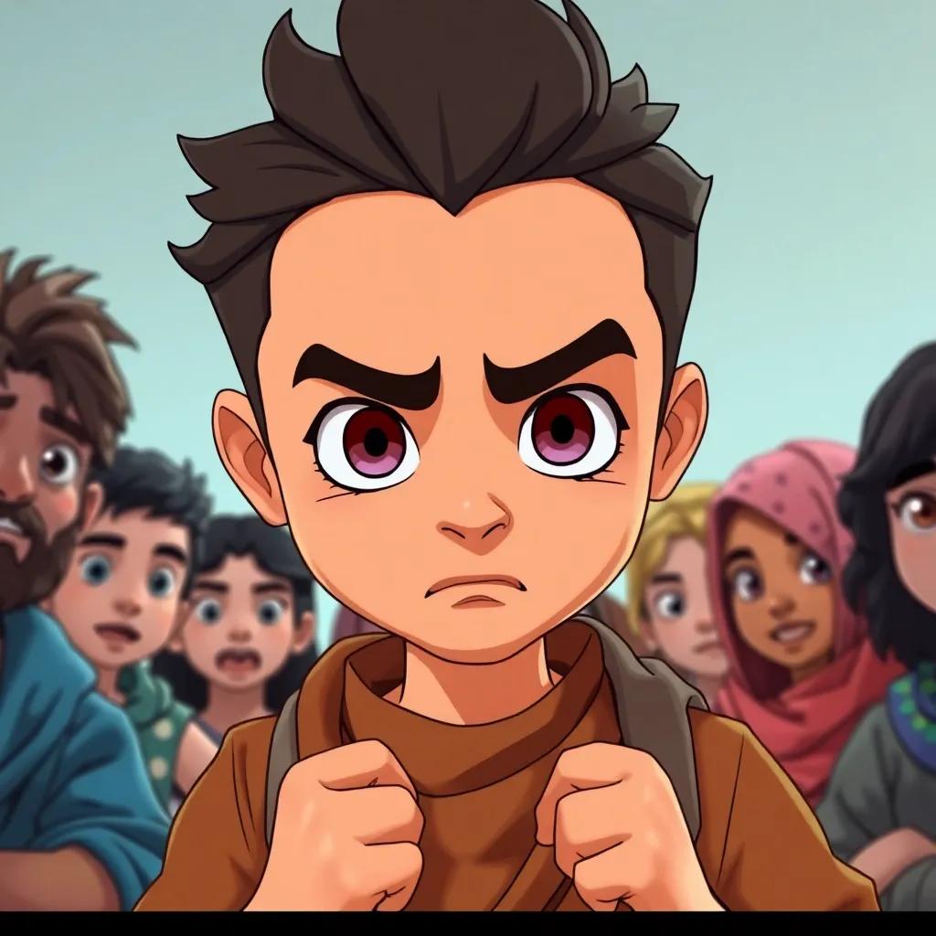 An assertive سالم looking determined while confronting كمال, surrounded by supportive friends, with a bold expression on his face, realistic cartoon style, engaging color palette, intense moment