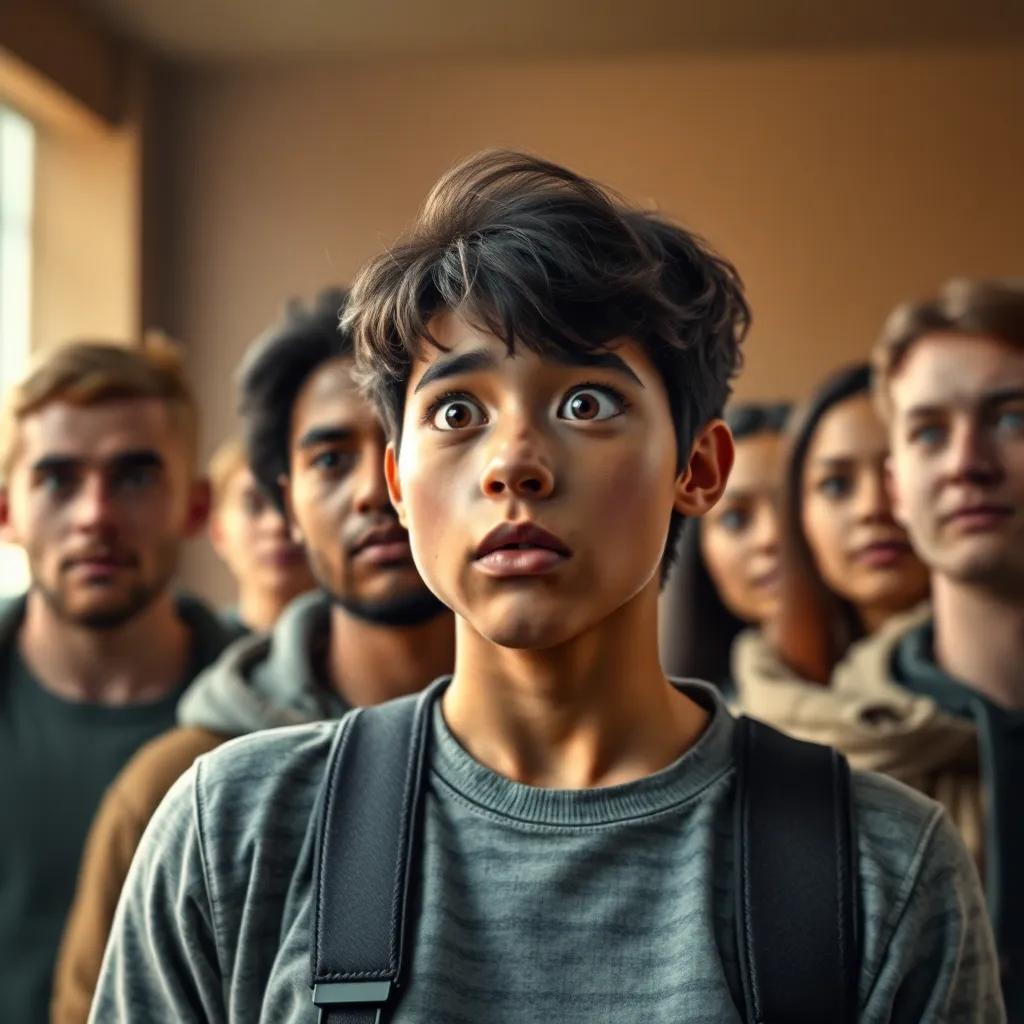 A shocked كمال feeling nervous while facing the united group of friends, with سالم and أحمد leading, with serious yet hopeful expressions on their faces, expressive digital art, attention to detail, meaningful scene