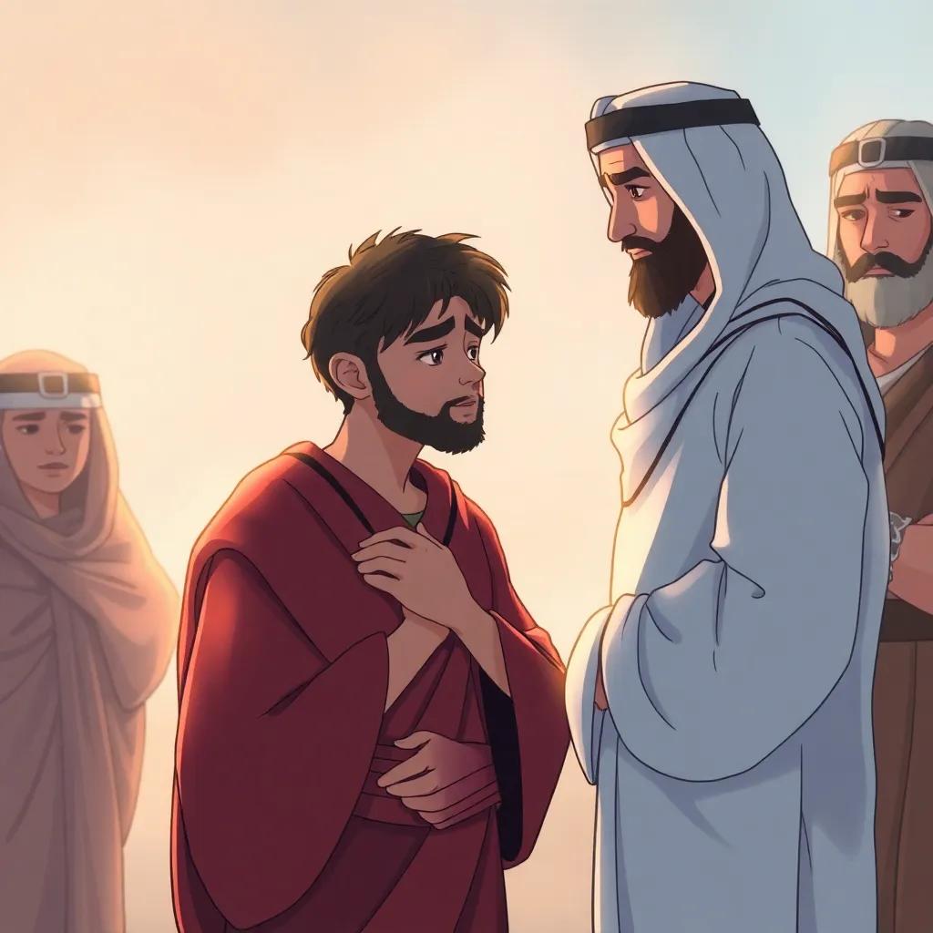 A moment of realization from كمال, where he lowers his head in shame while looking at سالم and أحمد who stand strong, soft lighting, emotional tone, heartwarming illustration