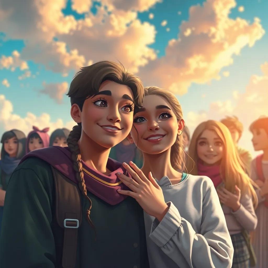 A dramatic finale, سالم forgiving كمال with a thoughtful smile, showing acceptance and potential for new friendship, beautiful background with supportive classmates, fantasy art style, warm atmosphere