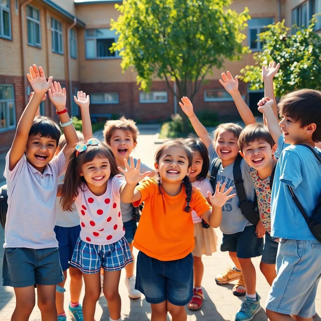 A group of children celebrating in the schoolyard, سالم, أحمد, and their friends smiling and playing together, unity and friendship, bright sunlight, joyful vibe, cheerful digital painting
