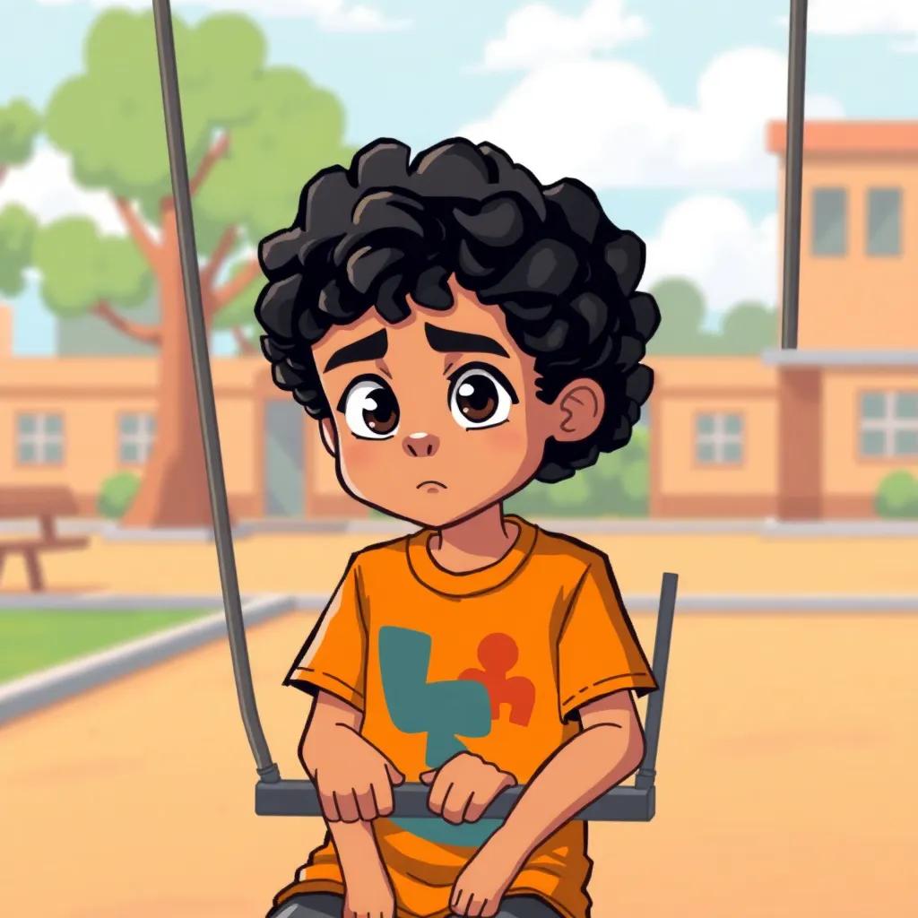 A young Arab boy, سالم, with curly dark hair wearing a colorful t-shirt, sitting alone on a swing in a school playground, looking sad, digital art, warm colors, inviting atmosphere, high quality