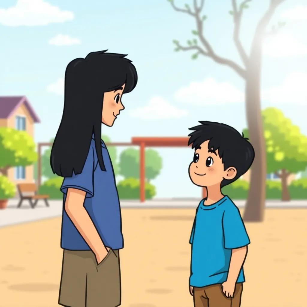 A young Arab boy, سعيد, with straight black hair wearing a blue shirt, smiling gently as he approaches سالم, in a bright school playground, sunlight shining on them, cheerful vibe, child-friendly illustration