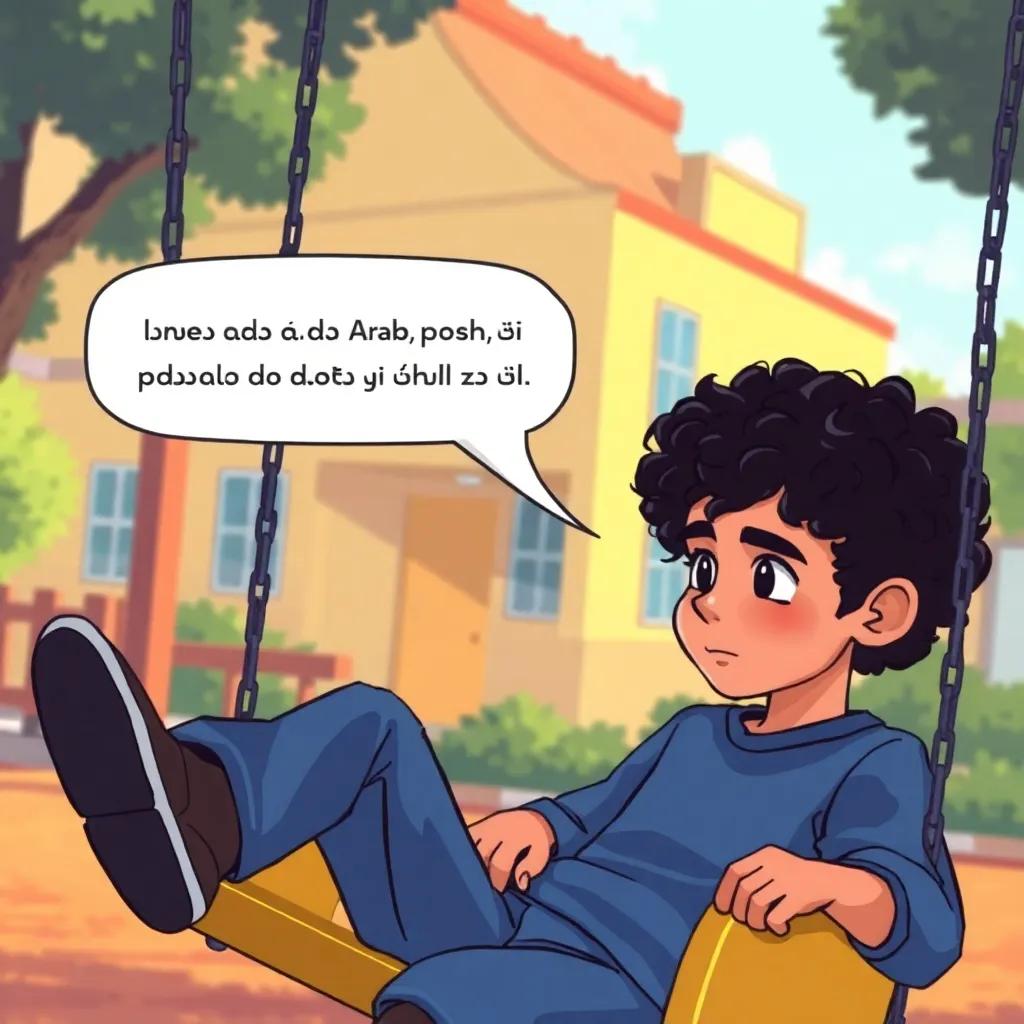 A young Arab boy, سالم, with curly dark hair looking down, talking to سعيد about his troubles, sitting on a swing, in a colorful school playground, detailed illustration, soft lighting, warm colors, engaging scene