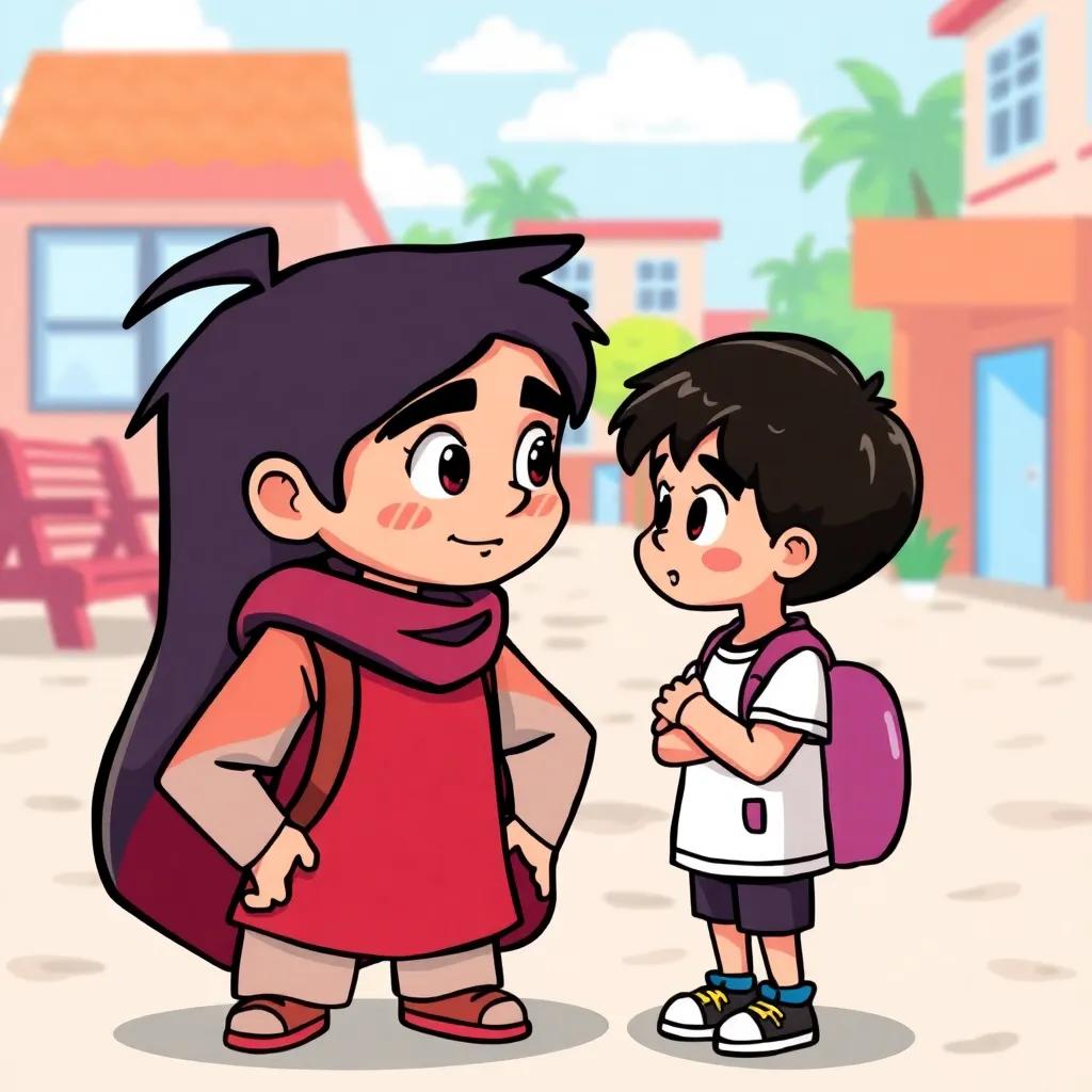 A confident young Arab boy, سعيد, standing protectively beside سالم, facing كمال, who looks surprised, in a lively school playground setting, dynamic scene, colorful background, child-friendly digital art
