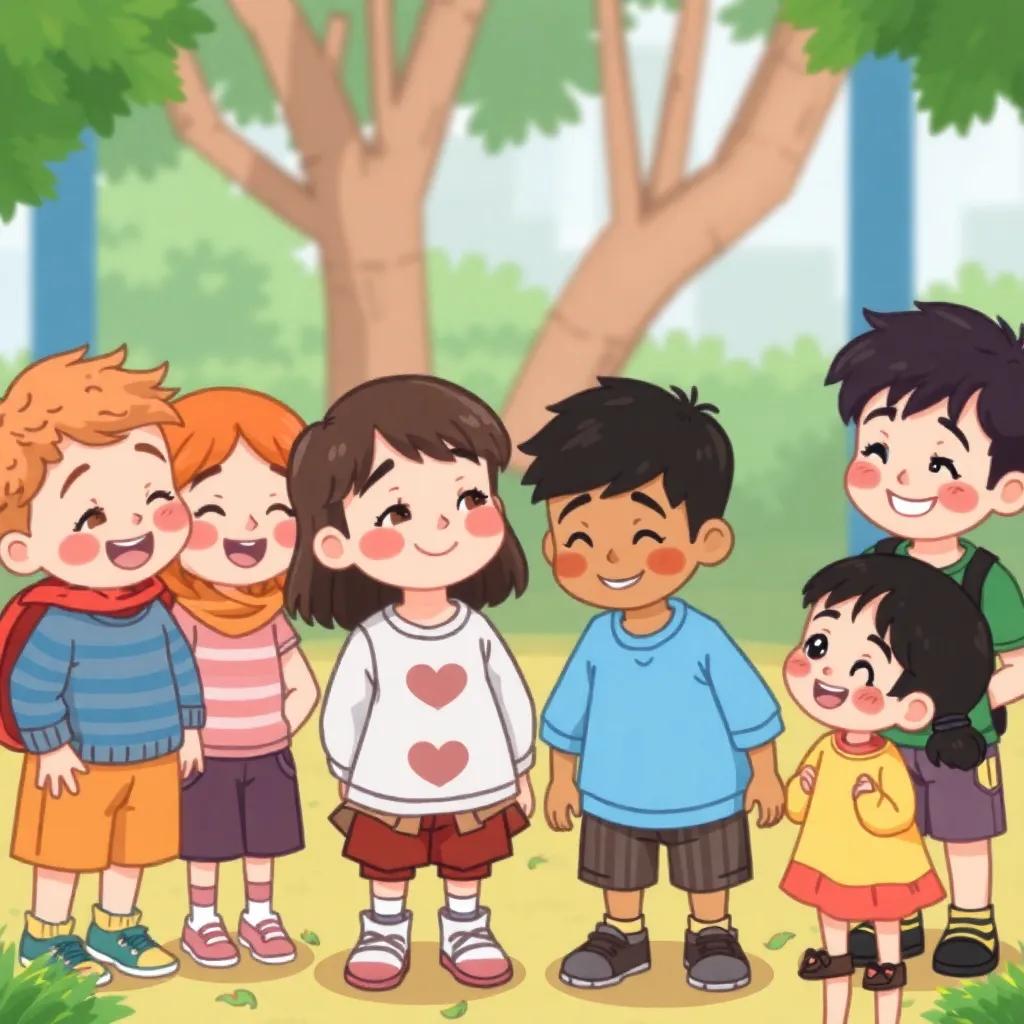 A group of diverse children in a playground, with كمال blushing and apologizing to سالم, who looks relieved, along with سعيد and other friends supporting him, heartwarming scene, bright colors, happy atmosphere, digital illustration