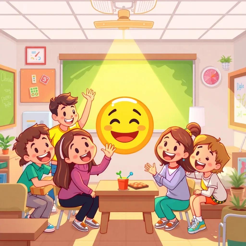 A joyful scene in a classroom with سالم surrounded by friends smiling and playing together, colorful school environment, cheerful and uplifting, warm lighting, cartoonish style, inviting illustration