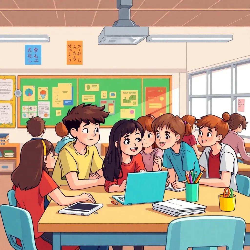 A scene showing students at school learning together, illustrating kindness among friends, everyone collaborating, bright classroom with colorful posters, engaging atmosphere, digital illustration