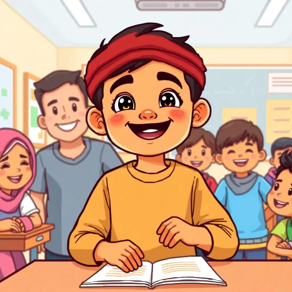 A young Arab boy, سالم, confidently participating in a school activity, surrounded by supportive friends, colorful classroom environment, joyful expressions, child-friendly illustration