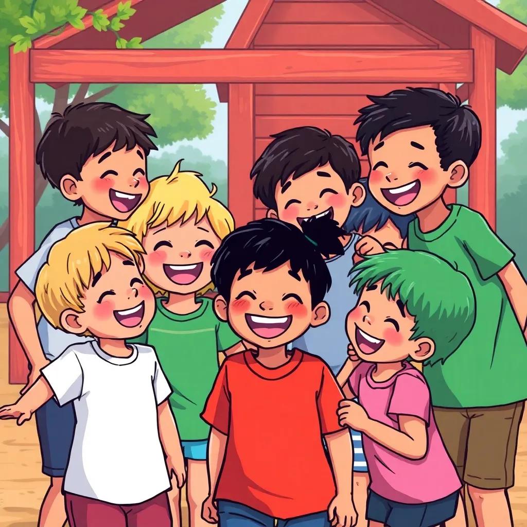 A heartwarming moment where all the children in the playground are laughing and playing together, with سالم smiling widely, capturing a sense of belonging, vibrant colors, uplifting scene, digital art