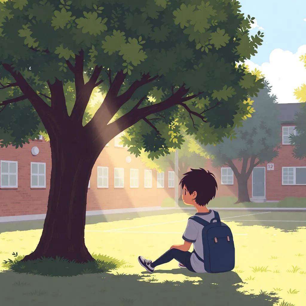 A serene moment showing سالم reflecting on his journey from sadness to happiness, sitting under a tree in the schoolyard, soft sunlight pouring in, peaceful atmosphere, inspirational art