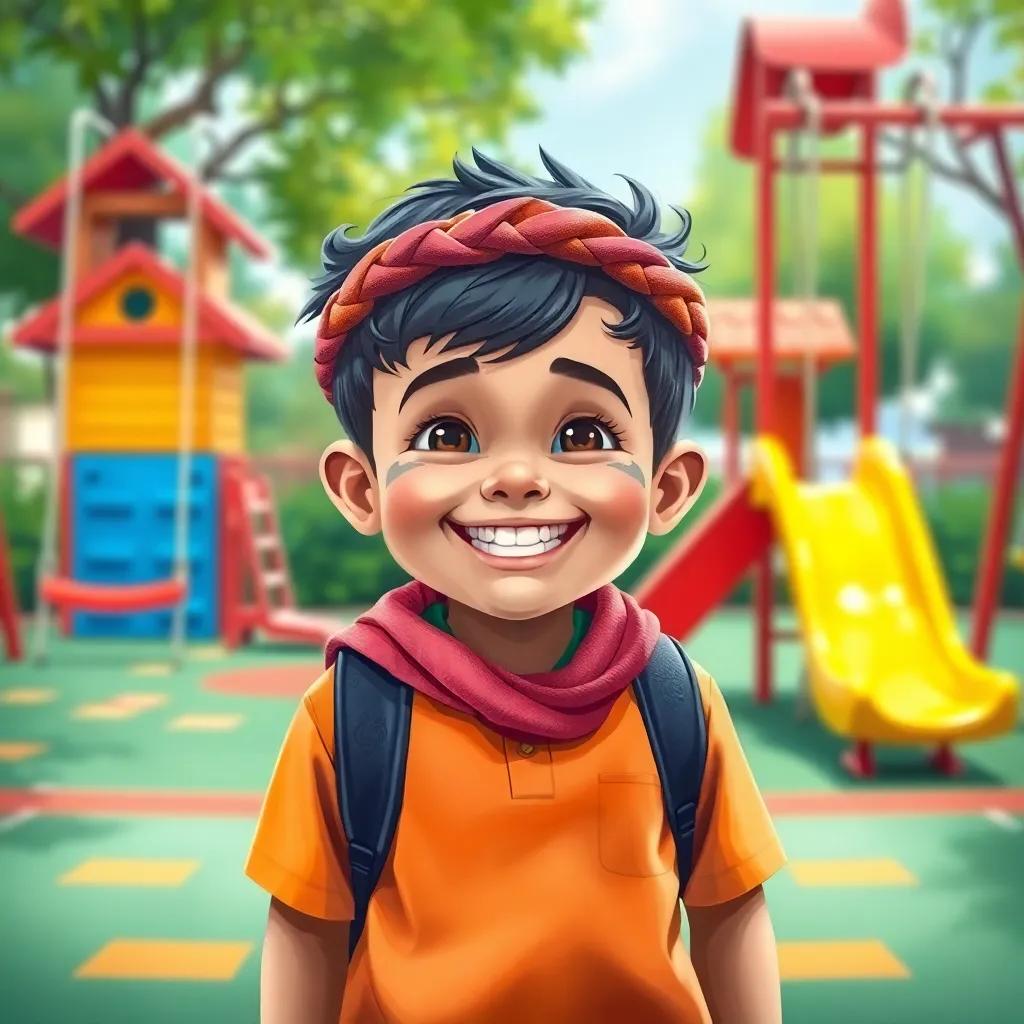 A short, chubby Arab boy, سالم, smiling brightly in colorful school clothes, surrounded by vibrant playground with swings and slides, happiness and friendship, digital art, cheerful colors, joyful atmosphere, high quality