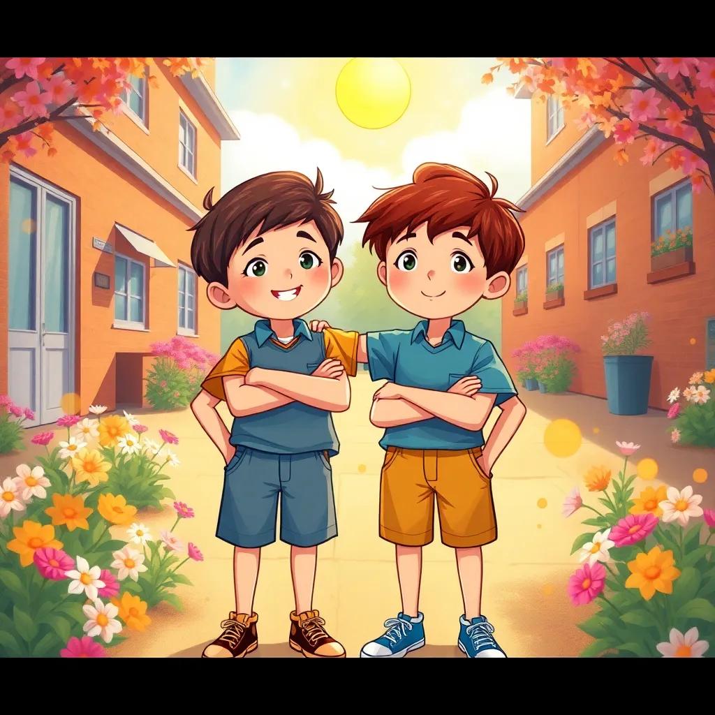 Two boys, أحمد and سالم, standing together with determined expressions, in a sunny schoolyard filled with flowers, supporting each other with friendship, bright and uplifting, illustration, warm colors, child-friendly