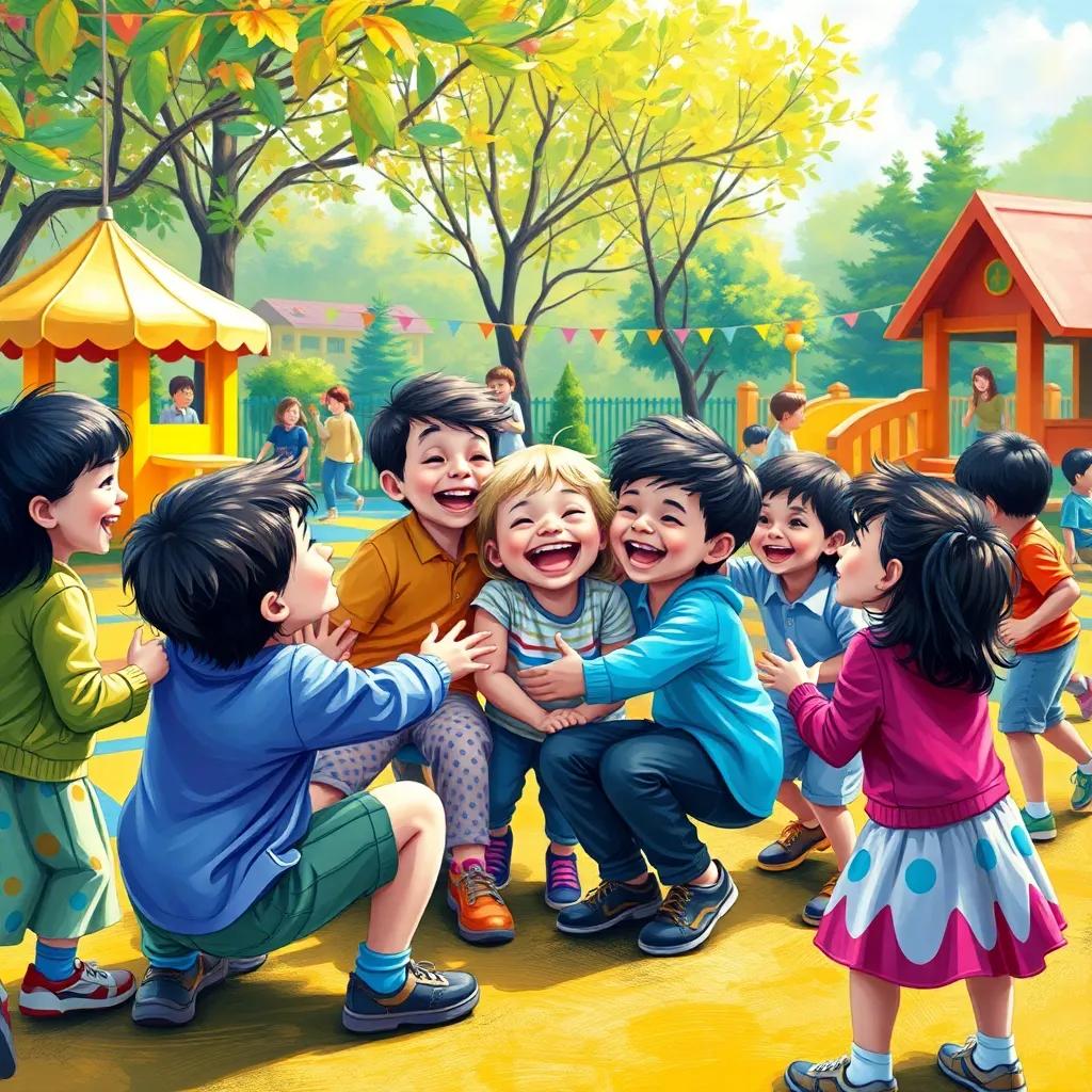 A colorful playground full of children playing joyfully, with سالم in the center laughing with friends, showcasing unity and fun, vibrant colors, lively atmosphere, digital painting, high quality