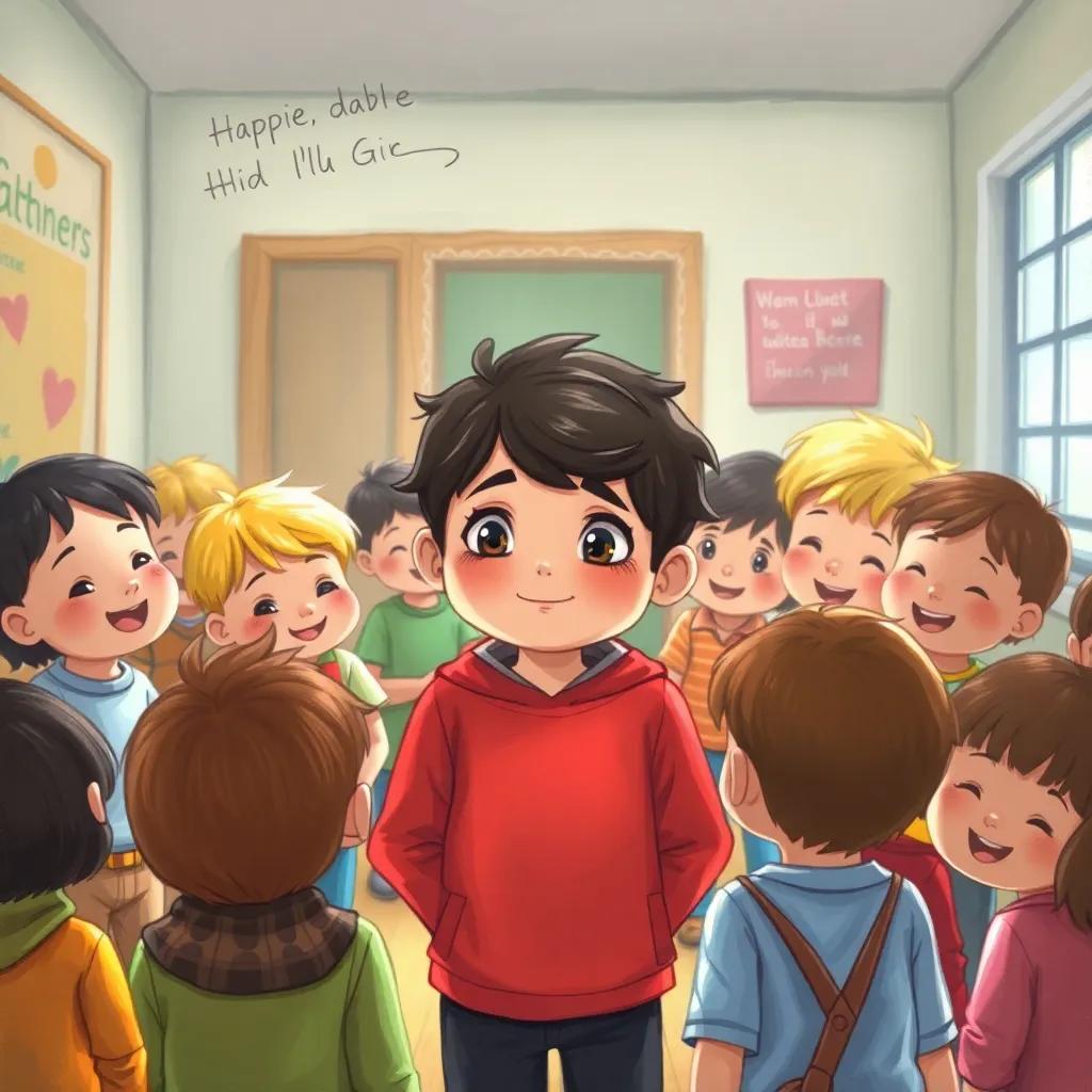 A scene depicting كمال looking shy and hesitant, surrounded by other kids who are smiling and inviting him to play, in a warm school environment, bright colors, hopeful tone, illustration, child-friendly