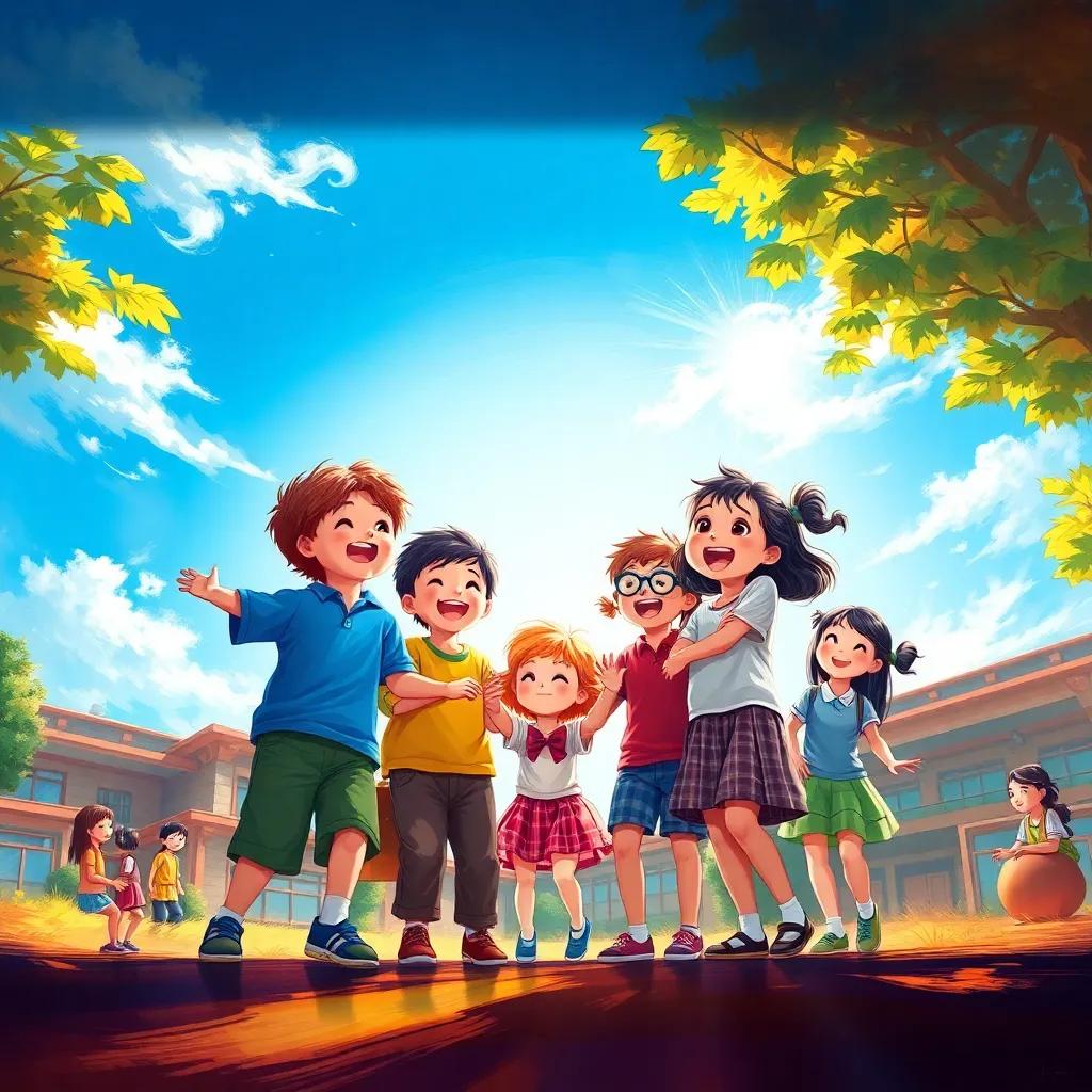 A group of happy children playing together on a sunny day in school, including سالم and كمال, showing friendship and acceptance, bright blue sky, colorful surroundings, digital art, joyful scene, warm light
