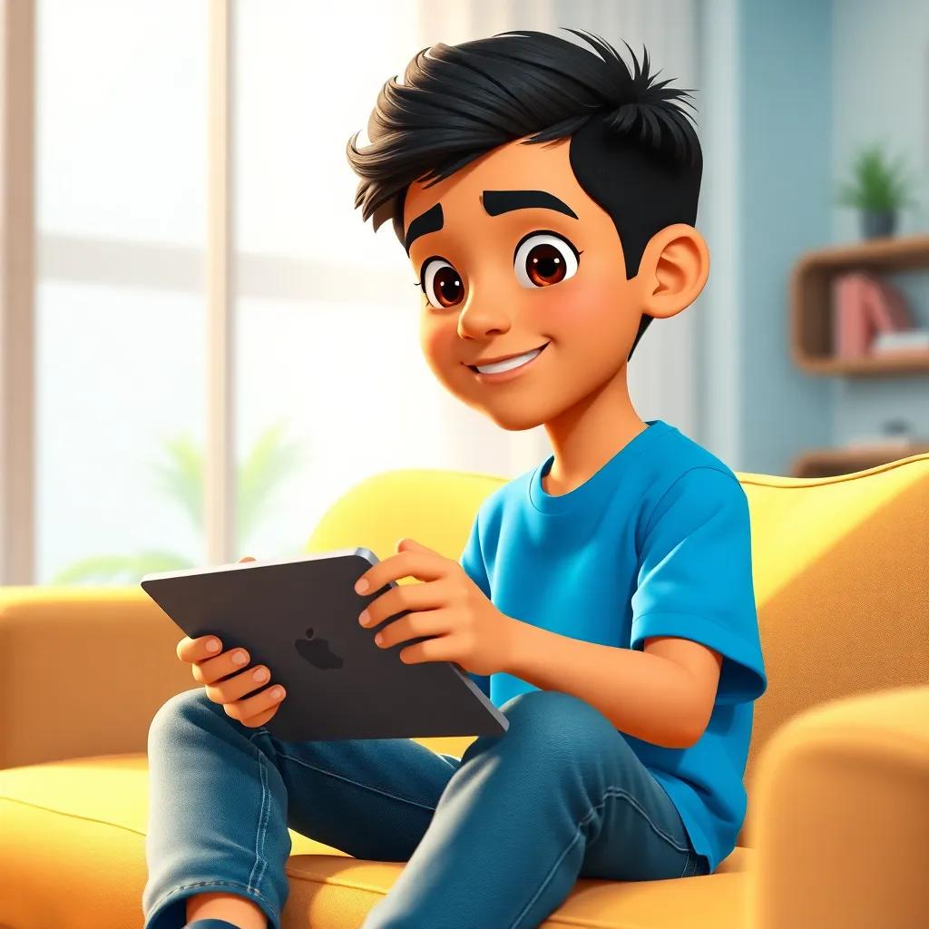 A young Arab boy, Salem, with short black hair, wearing a blue t-shirt and jeans, sitting on a sofa holding a tablet, bright room, digital art, colorful, inviting atmosphere, high quality