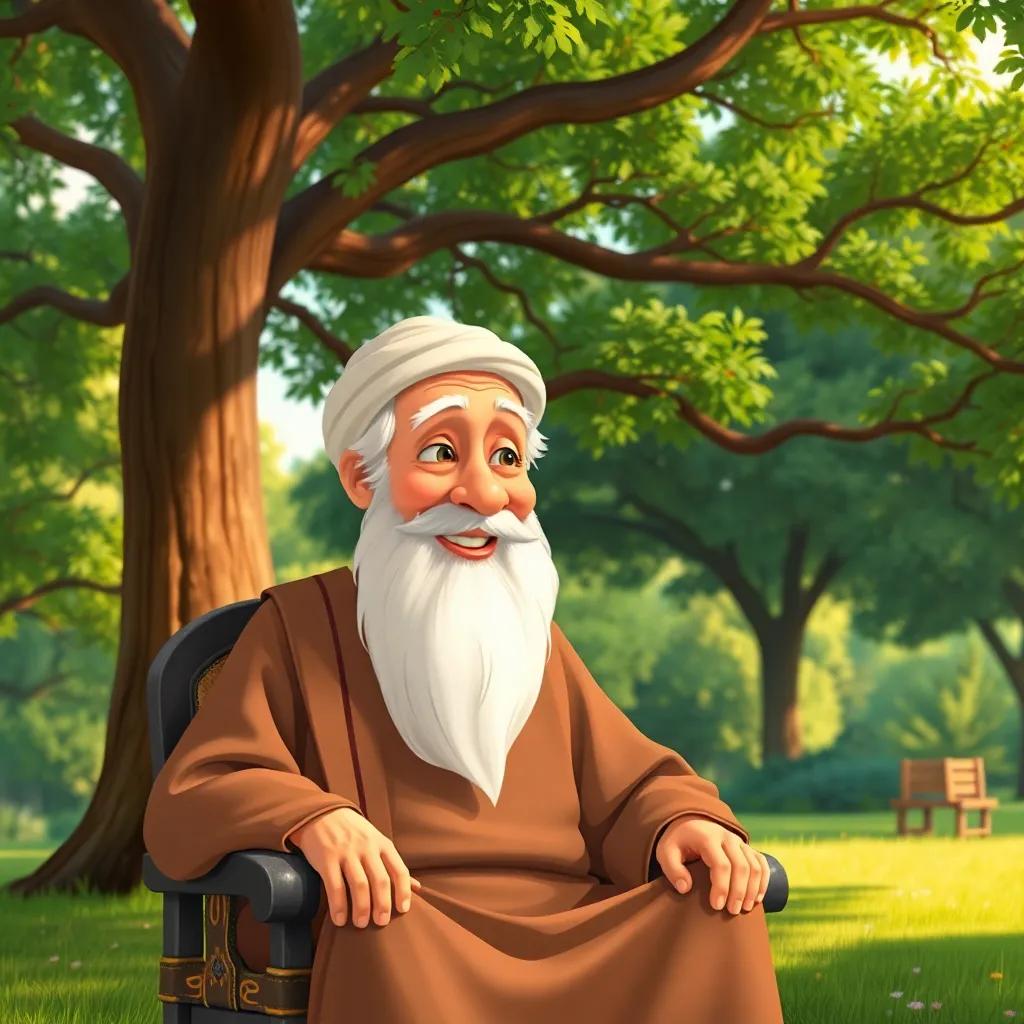 An elderly man with a long white beard, wearing a brown thobe, sitting on a chair under a large tree, smiling wisely, lush green park, illustrations, cheerful, warm light, inviting scene