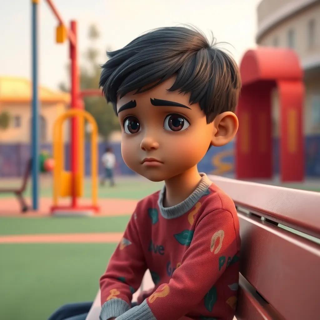 A young Arab boy, Salem, with short, dark hair wearing a colorful shirt, sitting alone on a school bench with a sad expression, surrounded by school playground equipment, digital art, warm colors, emotional atmosphere, high quality