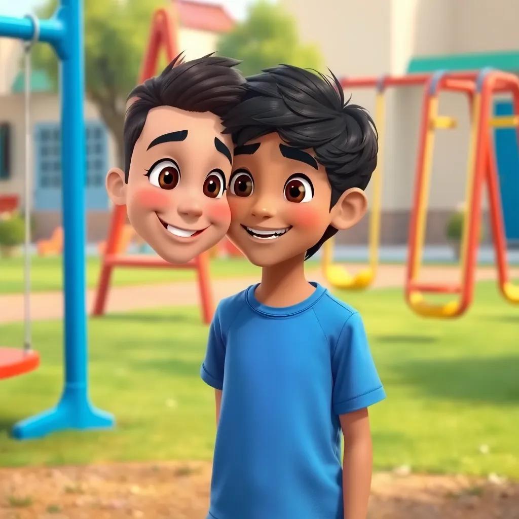 A young Arab boy, Khaled, with medium-length hair wearing a blue t-shirt, standing beside Salem with a cheerful expression, talking to him, in a school playground with colorful swings and grass, illustration, friendly atmosphere, detailed, child-friendly