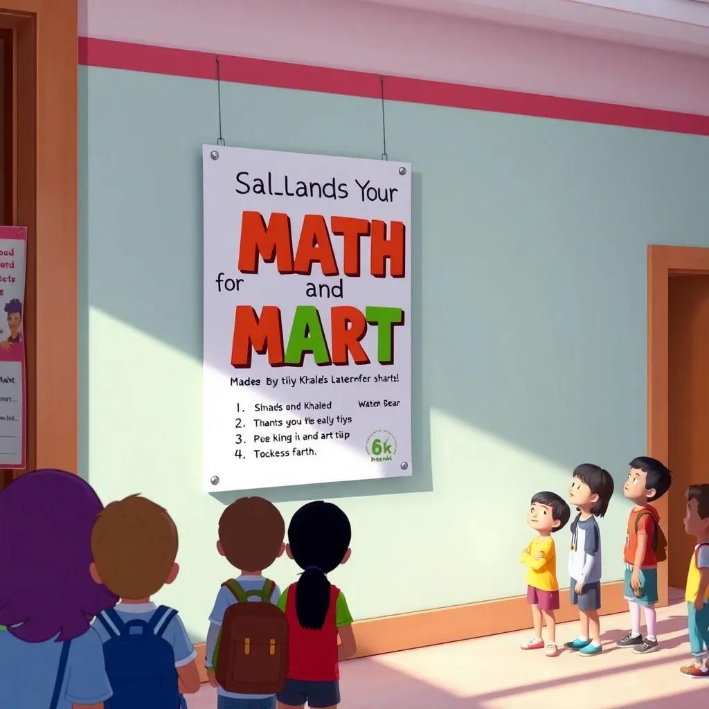 A colorful poster made by Salem and Khaled, showcasing Salem's talents in math and art, hanging on a school wall with students gathering around, bright colors, inviting scene, digital art, uplifting