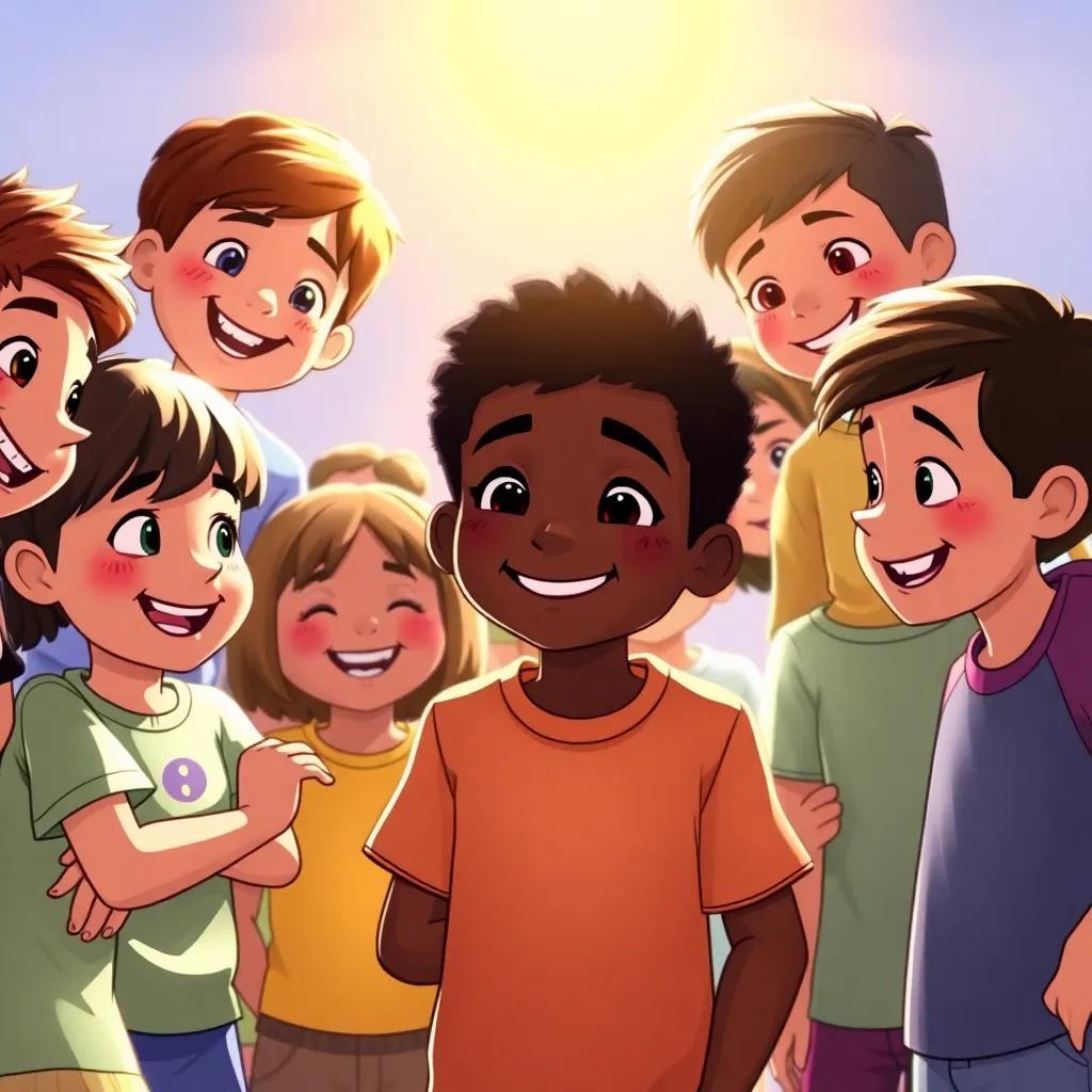 A group of children surrounding Salem, smiling and asking him questions about his art and math, with bright sunlight shining down, illustration, colorful, joyful atmosphere, child-friendly