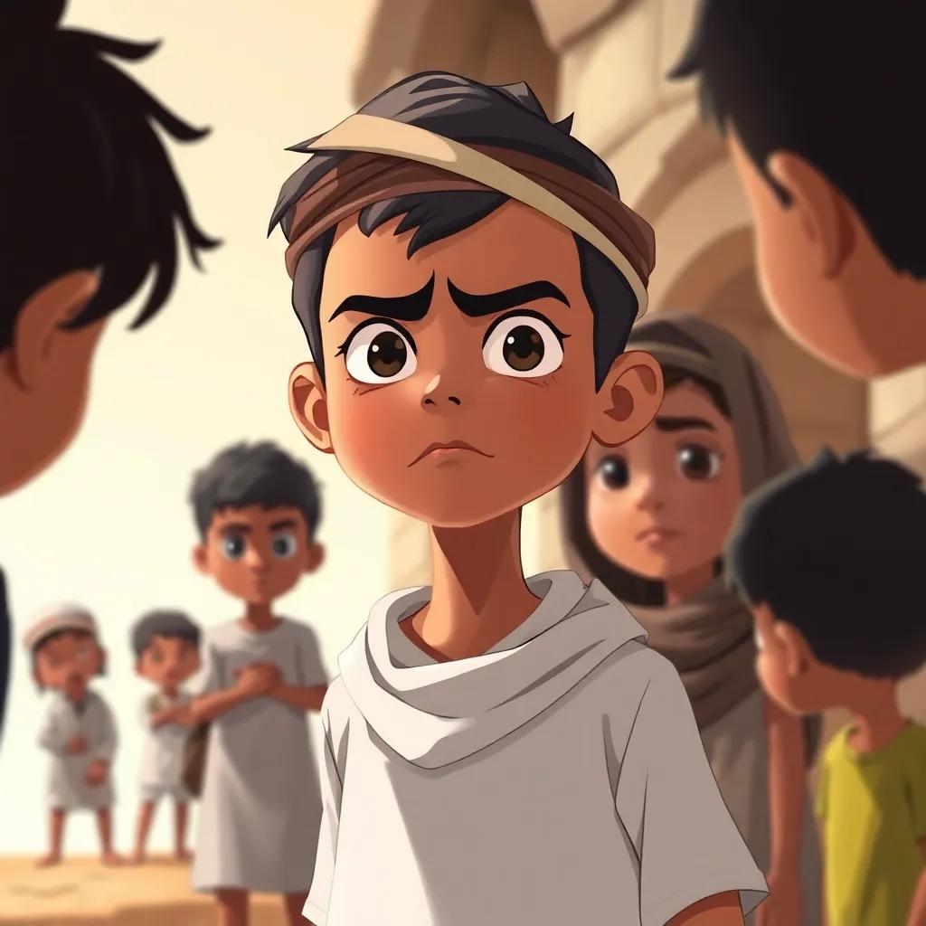 A serious young Arab boy, Kamel, with a scowl, standing a bit away from the group looking frustrated, feeling ignored by the other children, illustration, dramatic contrast, emotional atmosphere, high quality