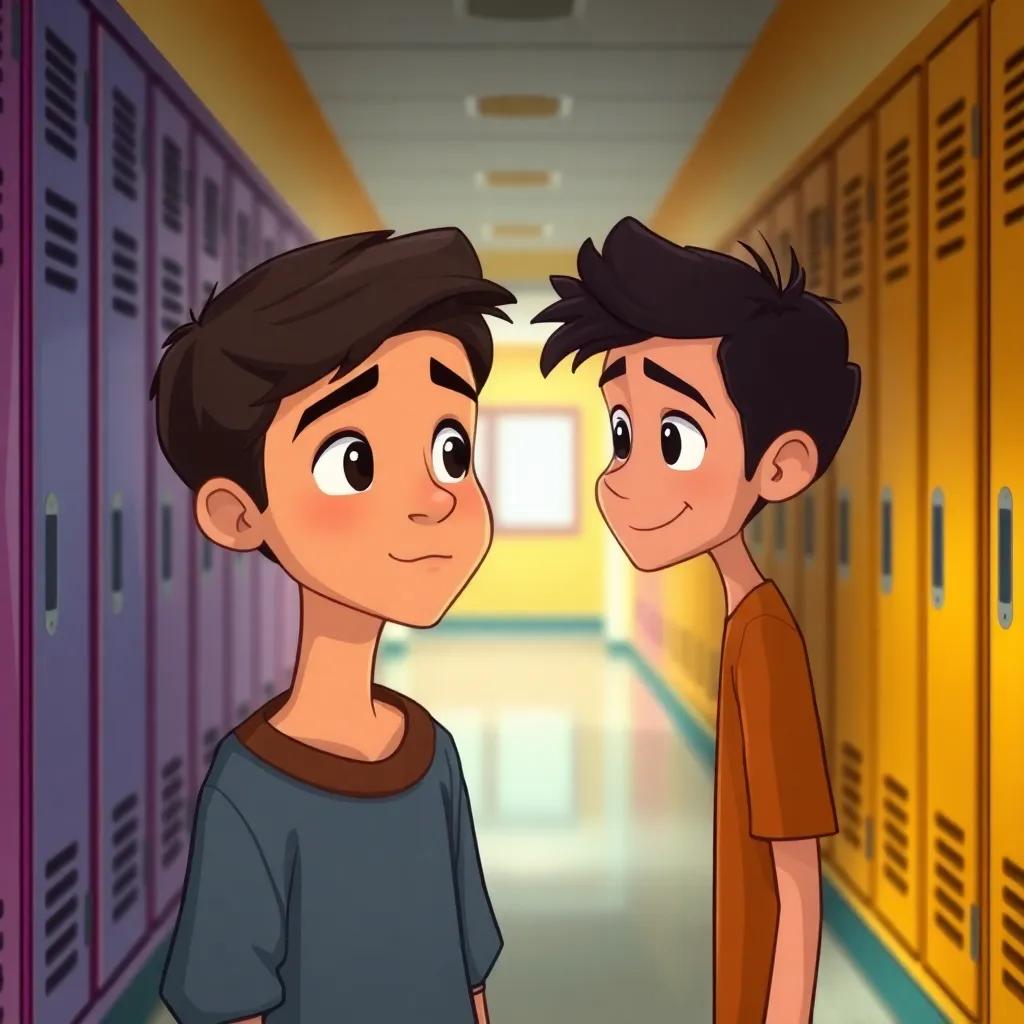 A young Arab boy, Kamel, with a thoughtful expression, approaching Salem with a hesitant smile, in a school hallway, surrounded by colorful lockers, illustration, positive change, hopeful atmosphere, digital art