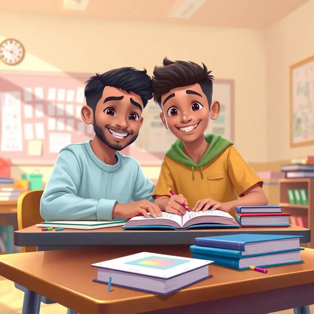 Salem helping Kamel with math at a school table, both boys smiling and surrounded by math books and art supplies, bright classroom background, warm colors, friendly environment, digital painting, encouraging tone