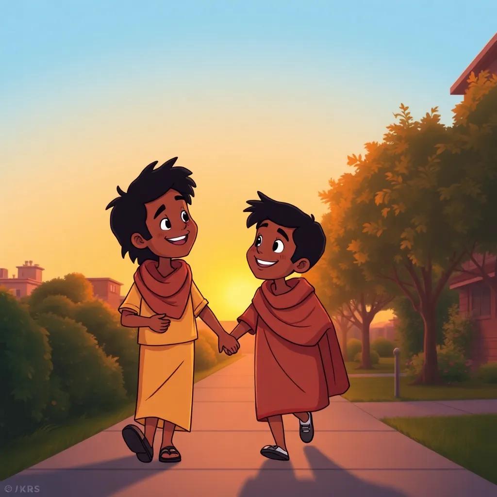 Kamel and Salem walking home together, laughing and discussing their day, with trees lining the sidewalk and a sunset in the background, illustration, warm colors, heartwarming scene, child-friendly