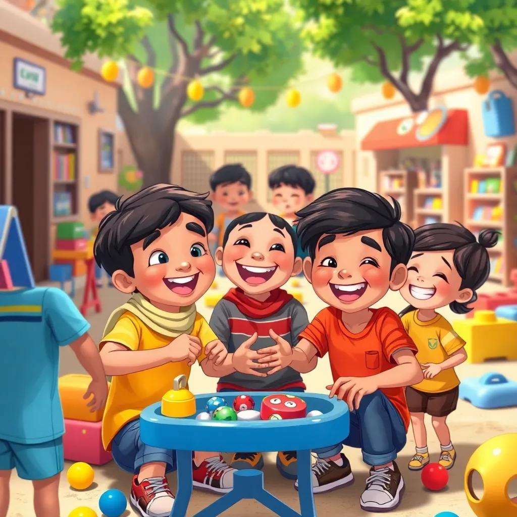 Kamel, Salem and their classmates playing together joyfully, with smiles and laughter, in a schoolyard filled with games and toys, colorful, happy environment, illustration, joyful atmosphere, high quality