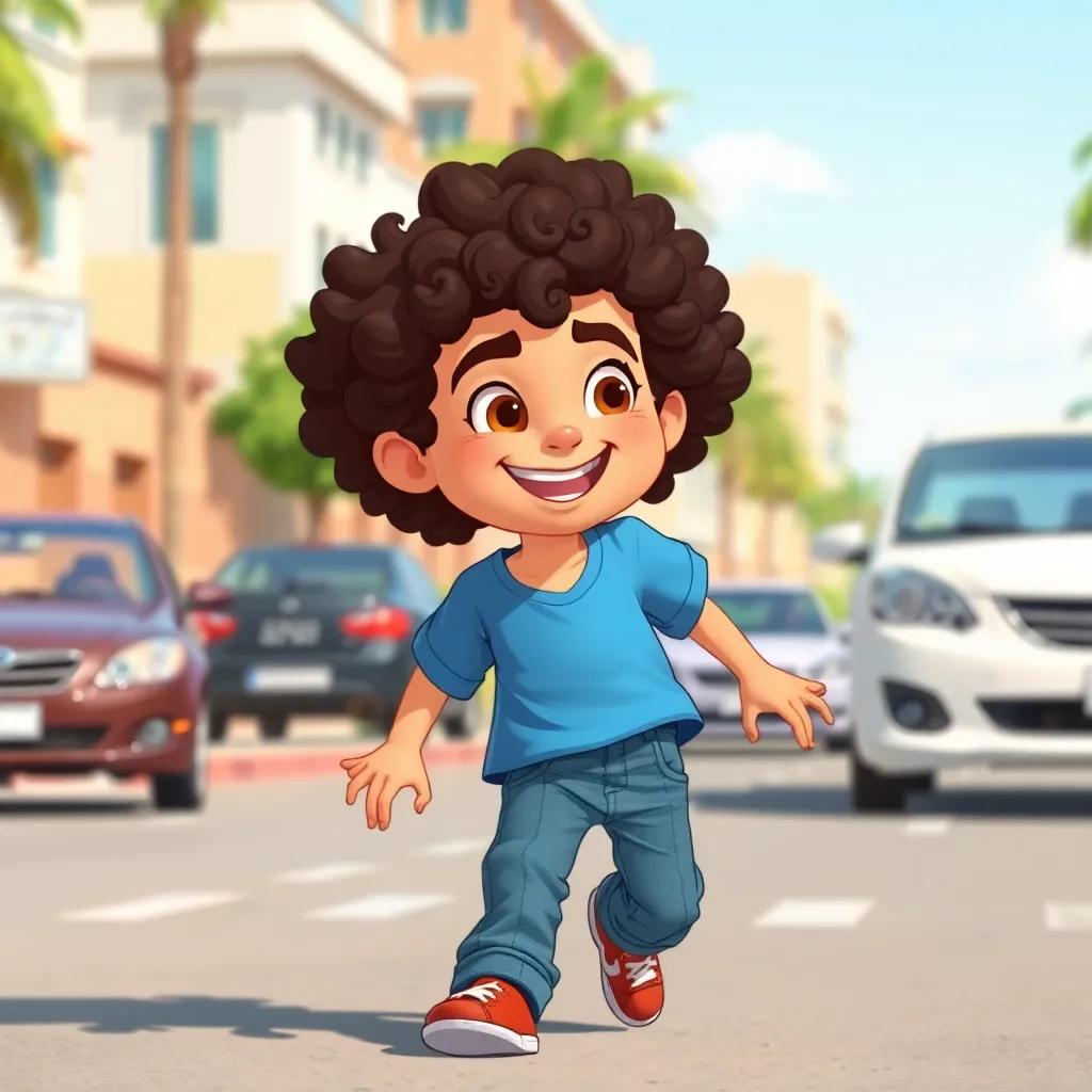 A young Arab boy, Salem, with curly hair, wearing a blue t-shirt and jeans, playing in the street with a mischievous smile, cars in the background, bright sunny day, lively atmosphere, illustration, cheerful, child-friendly