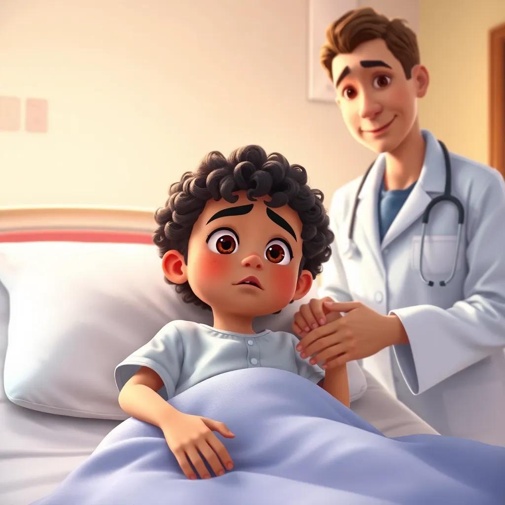 A young Arab boy, Salem, with curly hair, lying on a hospital bed, looking worried, wearing a hospital gown, his mother holding his hand, a doctor with a kind face explaining the situation, bright hospital room, warm colors, comforting atmosphere, digital art, realistic