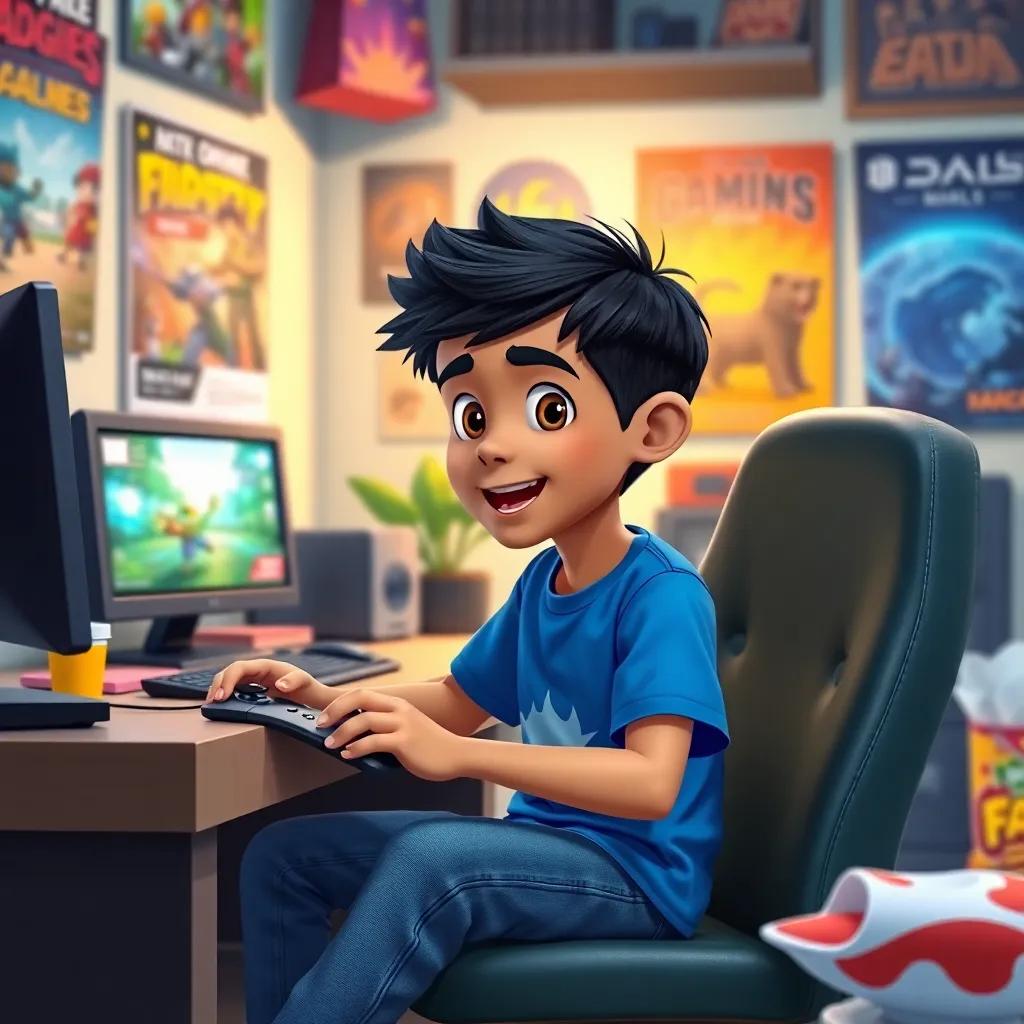 A young Omani boy, Salem, with short black hair wearing a blue t-shirt and jeans, sitting at his desk with a video game console, focused and excited, surrounded by gaming posters and snacks, cozy room, colorful, digital art, lively atmosphere, high quality