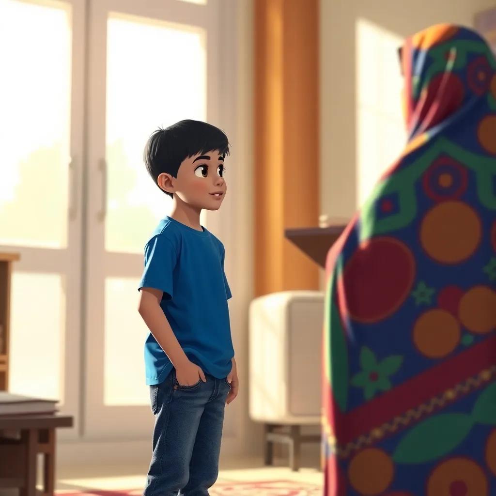 A young Omani boy, Salem, with short black hair in a blue t-shirt and jeans, standing in a bright room with sunlight coming in, talking to his mother who is wearing a colorful abaya, expressing concern for his studies, warm and inviting light, digital painting, storytelling view, high quality