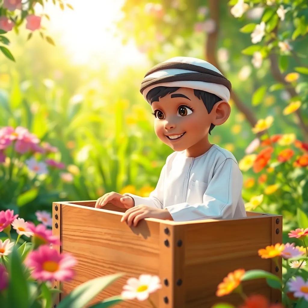 A young Omani boy, سالم, wearing a traditional عُمانية دشداشة, exploring a wooden box in a bright, lively garden filled with flowers and greenery, digital art, vibrant colors, warm sunlight, cheerful atmosphere, high quality