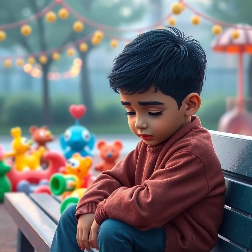 A young Arab boy, Salem, with short black hair and warm brown skin, sitting sadly on a playground bench surrounded by colorful toys, looking down, digital art, soft colors, peaceful atmosphere, heartwarming scene