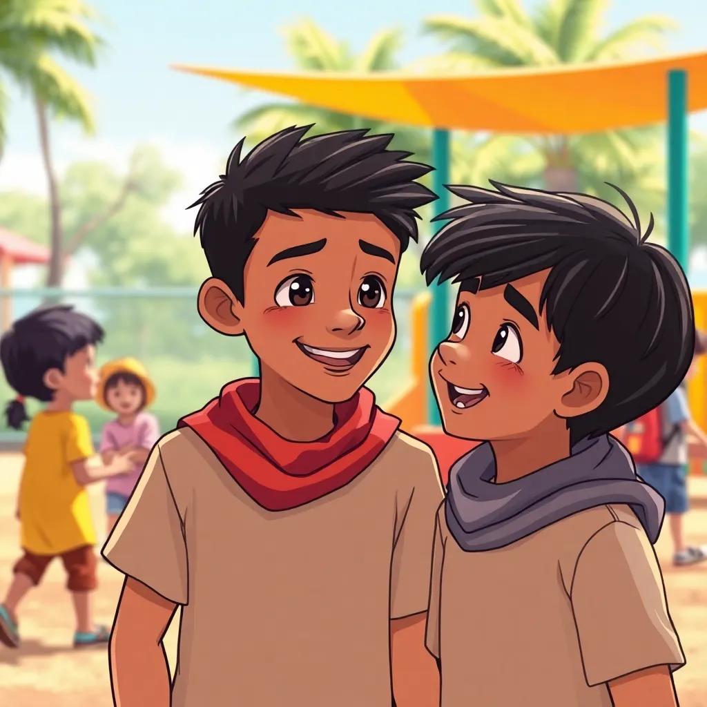 A young Arab boy, Salem, with short black hair and warm brown skin, talking to his new friend, Said, with a smile, in a bright playground setting with other kids playing, cheerful, engaging atmosphere, digital illustration