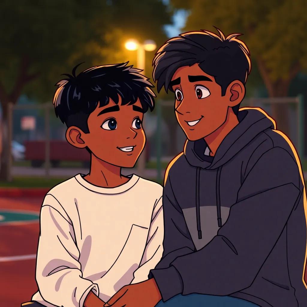 A young Arab boy, Salem, with short black hair and warm brown skin, opening up about bullying to Said, with a supportive and friendly expression, sitting on a playground, warm lighting, inviting scene, friendly